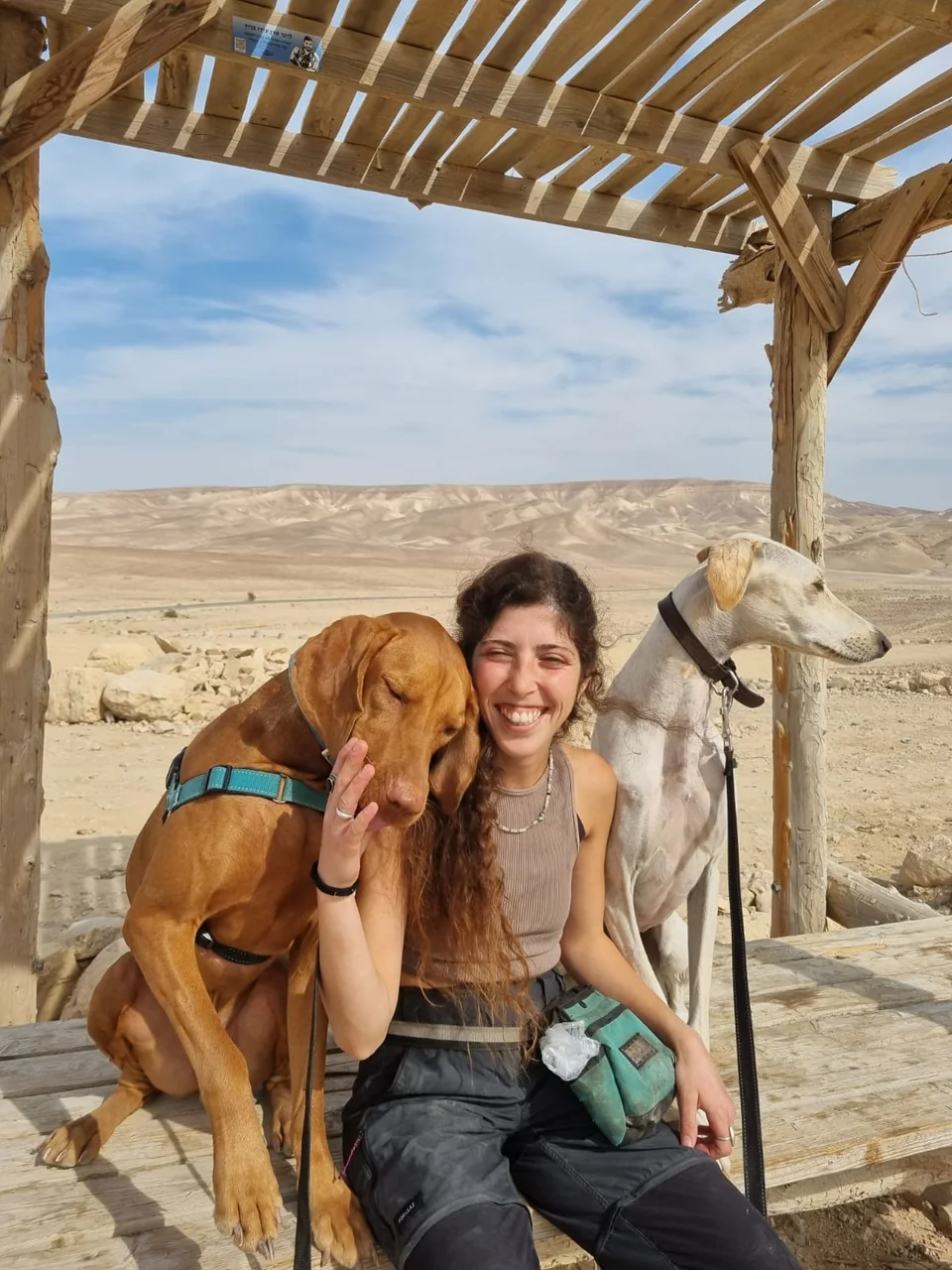 לי שרמן יושבת בחוץ עם שני כלבים